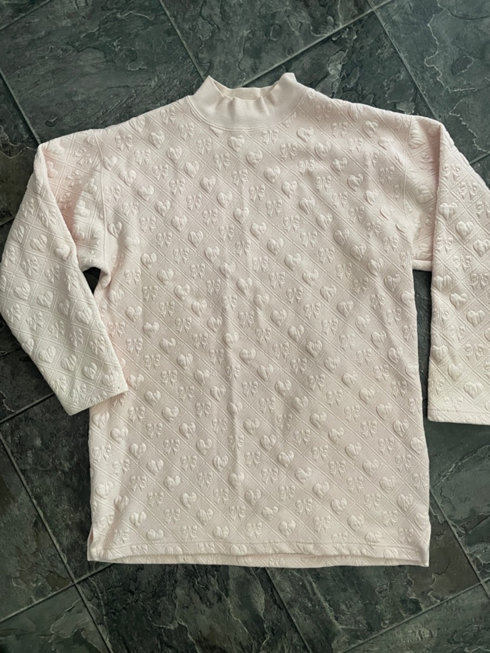 BAY CLUB Blush Pink Embossed Quilted Bows & Hearts Feminine Pullover Sweater